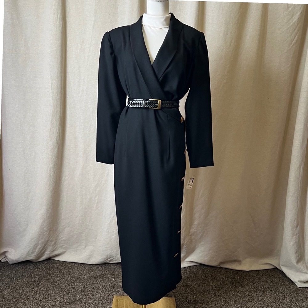 Vintage‎ Oberon 100% Wool Black Wrap Maxi Dress Gold Buttons Size 12 NWT
